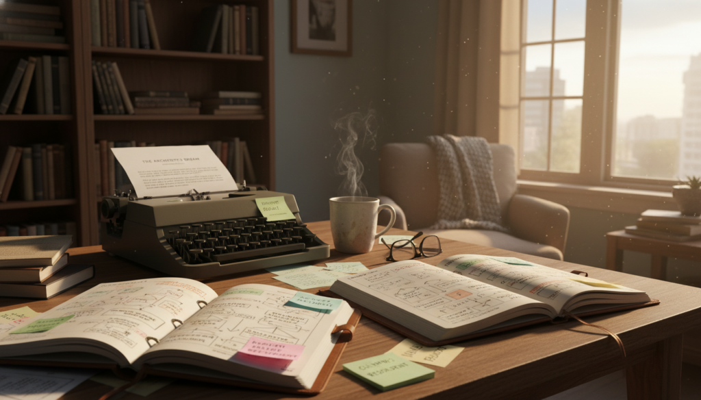 A dynamic scene depicting a well-organized writer's desk in a cozy, warmly lit room, focusing on the concept of mastering novel structure. In the foreground, an assortment of open notebooks filled with detailed outlines and story arcs, alongside colorful sticky notes highlighting key plot points. In the middle, a half-finished manuscript rests on the desk, with a steaming cup of coffee nearby, adding to the creative atmosphere. The background features a bookshelf filled with classic novels and writing guides, along with a window allowing soft, golden sunlight to pour in, casting gentle shadows. The overall mood is inspiring and focused, inviting the viewer to delve into the craft of writing page-turning fiction.