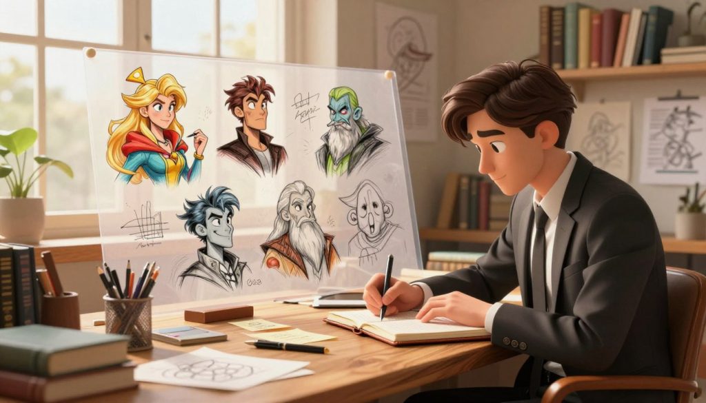 A dynamic scene in a cozy, sunlit writer's studio, filled with books and character sketches on the walls. In the foreground, a focused writer, dressed in a professional business attire, sits at a sturdy wooden desk, writing intently in a leather-bound notebook. Pens and scribbled notes are scattered around, representing the creative chaos of discovery writing. In the middle, a transparent overlay of various character sketches emerges, showcasing diverse personalities and expressions, including a brave hero, a cunning villain, and a wise mentor, intricately drawn in vibrant colors. In the background, large windows shed warm light onto the scene, adding a soft glow and emphasizing the sense of inspiration and imagination. The mood is motivational and engaging, capturing the essence of character development as an essential tool for storytelling.