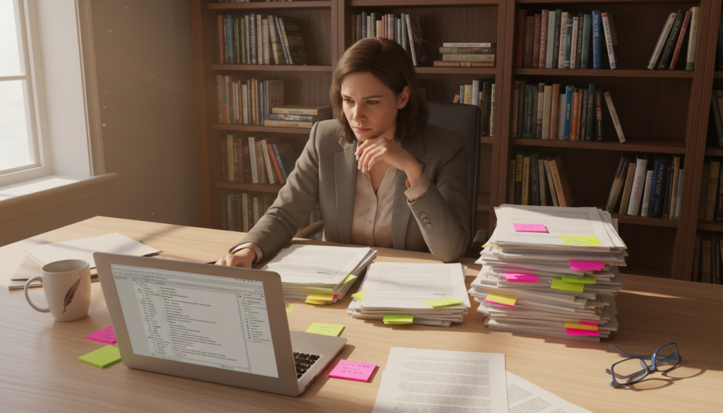 A focused professional editor, dressed in smart business attire, sits at a modern wooden desk laden with printed manuscripts and feedback notes from various beta readers. She is intently reviewing the feedback, highlighted sections visible, with a thoughtful expression on her face. In the foreground, a laptop shows an open document, surrounded by colorful sticky notes and a coffee mug. The middle layer features a well-organized bookshelf filled with books on writing and editing. Soft, natural light streams in through a nearby window, casting warm shadows and adding a cozy atmosphere to the workspace. The scene captures the dedication and meticulousness involved in the editing process, with an inviting and productive ambiance. The angle is slightly top-down to offer a comprehensive view of the editor’s workspace. A focused professional editor, dressed in smart business attire, sits at a modern wooden desk laden with printed manuscripts and feedback notes from various beta readers. She is intently reviewing the feedback, highlighted sections visible, with a thoughtful expression on her face. In the foreground, a laptop shows an open document, surrounded by colorful sticky notes and a coffee mug. The middle layer features a well-organized bookshelf filled with books on writing and editing. Soft, natural light streams in through a nearby window, casting warm shadows and adding a cozy atmosphere to the workspace. The scene captures the dedication and meticulousness involved in the editing process, with an inviting and productive ambiance. The angle is slightly top-down to offer a comprehensive view of the editor’s workspace.