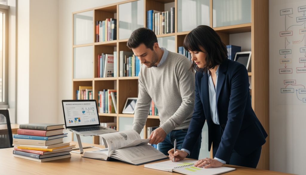 A focused scene illustrating the nonfiction writing skills research process, featuring a diverse group of three individuals in a modern office setting. In the foreground, a woman in professional attire, pouring over notes at a sleek wooden table, and a man in a casual shirt, examining books stacked on one side. The middle ground showcases shelves filled with various research materials like books, journals, and technology, with a laptop open displaying graphs and articles. In the background, a whiteboard covered with brainstorming diagrams and notes, illuminated by soft, natural light coming through a large window. The atmosphere is collaborative and inspiring, with a calm and productive ambiance, emphasizing the importance of thorough research in nonfiction writing. A focused scene illustrating the nonfiction writing skills research process, featuring a diverse group of three individuals in a modern office setting. In the foreground, a woman in professional attire, pouring over notes at a sleek wooden table, and a man in a casual shirt, examining books stacked on one side. The middle ground showcases shelves filled with various research materials like books, journals, and technology, with a laptop open displaying graphs and articles. In the background, a whiteboard covered with brainstorming diagrams and notes, illuminated by soft, natural light coming through a large window. The atmosphere is collaborative and inspiring, with a calm and productive ambiance, emphasizing the importance of thorough research in nonfiction writing.