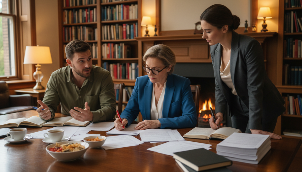 A group of three beta readers gathered around a large wooden table, reviewing printed manuscript pages with pens in hand. In the foreground, a middle-aged woman with glasses, wearing professional attire, thoughtfully scribbles notes on her paper. Beside her, a young man in a casual but neat shirt discusses his thoughts animatedly, while a woman in smart business wear leans in, listening attentively. The background features a cozy, well-lit room adorned with bookshelves and warm lighting, casting a soft glow over the scene. The atmosphere feels collaborative, focused, and encouraging, highlighting the importance of constructive feedback in the writing process. The camera angle captures a slightly elevated perspective, inviting viewers into this intimate and productive setting.