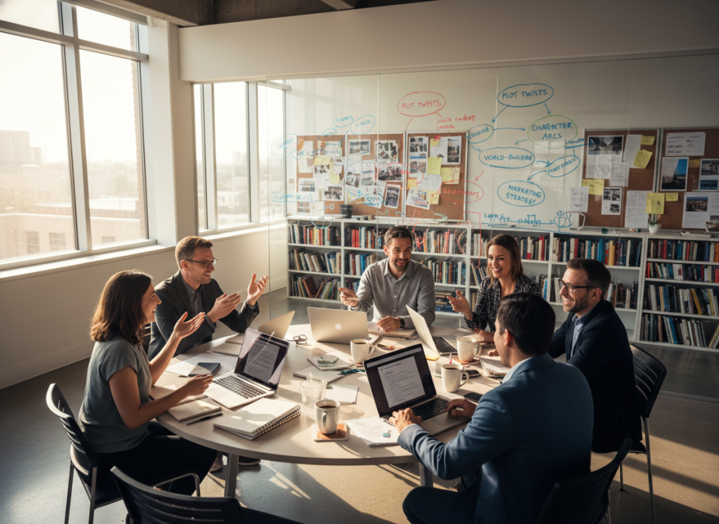 A modern author collaboration platform workspace, featuring a well-lit, spacious room with large windows letting in natural light. In the foreground, a round table with laptops, notebooks, and coffee mugs, surrounded by diverse authors in professional business attire engaging in animated discussion. In the middle ground, a whiteboard filled with brainstorming ideas and diagrams, showcasing a creative yet organized environment. The background features shelves lined with books and inspiration boards. The atmosphere is vibrant and collaborative, emphasizing teamwork and creativity among the authors. The image is captured from a slightly elevated angle to provide a clear view of the workspace dynamics and the authors' interaction, with warm, inviting lighting creating a productive ambiance. A modern author collaboration platform workspace, featuring a well-lit, spacious room with large windows letting in natural light. In the foreground, a round table with laptops, notebooks, and coffee mugs, surrounded by diverse authors in professional business attire engaging in animated discussion. In the middle ground, a whiteboard filled with brainstorming ideas and diagrams, showcasing a creative yet organized environment. The background features shelves lined with books and inspiration boards. The atmosphere is vibrant and collaborative, emphasizing teamwork and creativity among the authors. The image is captured from a slightly elevated angle to provide a clear view of the workspace dynamics and the authors' interaction, with warm, inviting lighting creating a productive ambiance.
