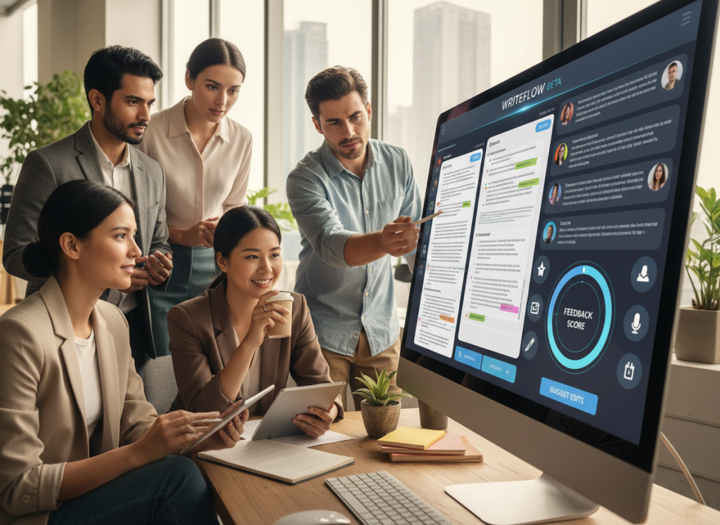 A modern collaboration platform interface for beta readers and editors, displayed on a sleek computer screen. In the foreground, a user-friendly dashboard shows vibrant, interactive features like comment sections, feedback tools, and document navigation. In the middle ground, a diverse group of professionals—depicted in smart casual attire—are engaged in discussion around the screen, expressing focus and creativity. The background showcases a bright, airy office with large windows, letting in soft, natural light that enhances the collaborative atmosphere. The overall mood is productive and innovative, capturing the essence of teamwork in the writing process. Use a slightly tilted angle to give depth, with clarity in the details on the interface and expressions of the participants. A modern collaboration platform interface for beta readers and editors, displayed on a sleek computer screen. In the foreground, a user-friendly dashboard shows vibrant, interactive features like comment sections, feedback tools, and document navigation. In the middle ground, a diverse group of professionals—depicted in smart casual attire—are engaged in discussion around the screen, expressing focus and creativity. The background showcases a bright, airy office with large windows, letting in soft, natural light that enhances the collaborative atmosphere. The overall mood is productive and innovative, capturing the essence of teamwork in the writing process. Use a slightly tilted angle to give depth, with clarity in the details on the interface and expressions of the participants.