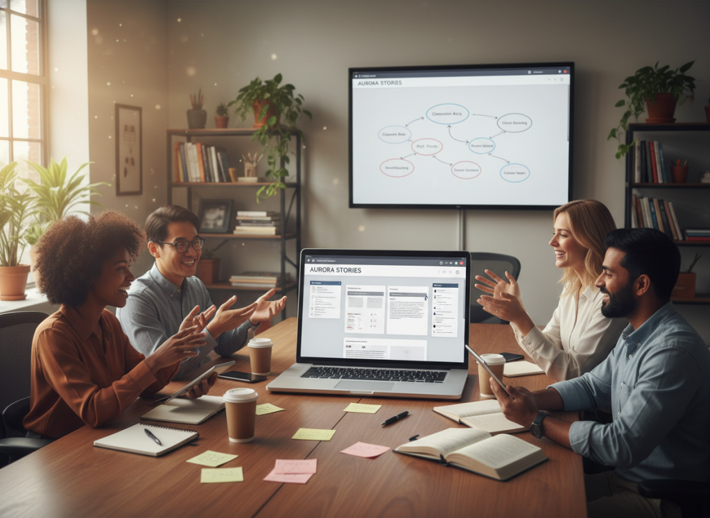 A modern collaborative writing platform interface displayed on a sleek laptop screen, positioned prominently in a well-lit, stylish workspace. In the foreground, a diverse group of authors is engaged in an animated discussion, dressed in professional attire, showcasing a mix of genders and ethnicities. They are surrounded by notes, coffee cups, and devices, contributing to a vibrant brainstorming atmosphere. In the middle background, a large digital whiteboard displays various writing ideas and story outlines, emphasizing teamwork and creativity. The lighting is bright and inviting, with soft natural light streaming in through a window, creating a warm and productive ambiance. The overall mood conveys enthusiasm and collaboration, reflecting a dynamic and efficient writing environment.