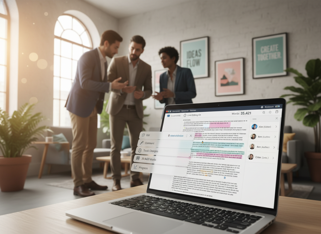 A modern collaborative writing platform interface displayed on a sleek laptop screen. In the foreground, a manuscript editor's toolbar is visible, showcasing features like real-time editing, comment sections, and a word count tracker. The middle ground features a blurred view of a diverse group of three professionals—two men and one woman—in business casual attire, intensely discussing ideas over the laptop, creating a sense of teamwork. The background features a bright, inviting workspace with soft natural lighting filtering through large windows, and inspirational quotes on the walls. The atmosphere is productive and collaborative, evoking a sense of creativity and teamwork, ideal for authors and content creators. Shot with a shallow depth of field to emphasize the foreground elements and create a warm, inviting mood.