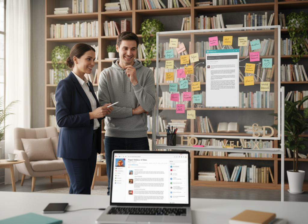 A modern digital workspace showcasing collaboration tools for writers. In the foreground, a sleek laptop displays a vibrant interface with interactive writing tools and shared documents. Surrounding the laptop are a couple of professionals, one wearing a smart blazer and the other in modest casual clothing, engaging in a brainstorming session with smiles and focused expressions. In the middle, a large, colorful whiteboard filled with post-it notes and creative ideas reflects a dynamic writing environment. The background features soft, ambient lighting, creating a warm and inviting atmosphere, with bookshelves and plants that enhance the creative vibe. The image is captured from a slightly elevated angle to provide a comprehensive view of the workspace, emphasizing collaboration and communication among writers.