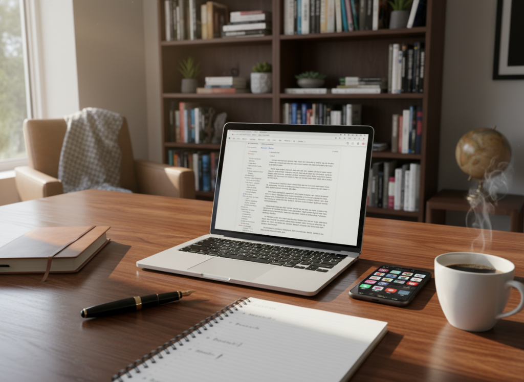 A modern integrated writing platform workspace, featuring a sleek wooden desk with an open manuscript document displayed on a high-resolution laptop screen. Scattered on the desk are essential writing tools: an elegant fountain pen, a notebook filled with handwritten notes, and a smartphone displaying writing apps. In the foreground, a well-organized notepad with bullet points and a coffee cup steaming gently. The middle of the scene shows soft, natural lighting pouring in from a window, illuminating the workspace. The background includes a bookshelf lined with various writing references and cozy decor, creating an inspiring atmosphere. The overall mood is productive and creative, reflecting the daily writing routine of a dedicated author.