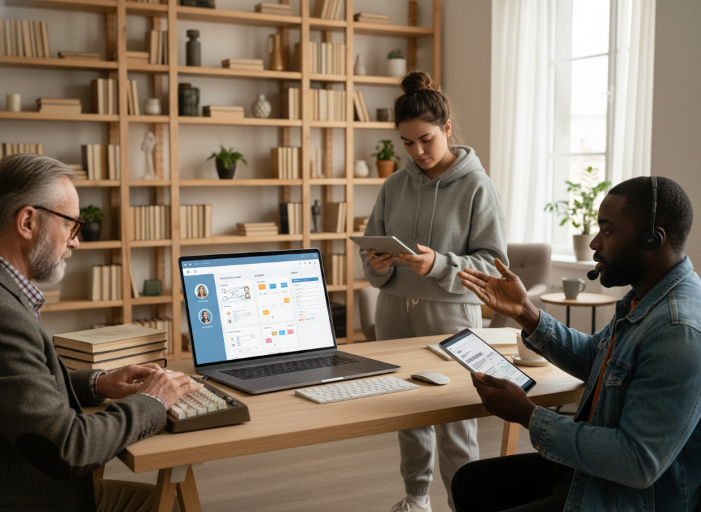 A modern user interface for a novel writing app, showcasing multiple author personas. In the foreground, diverse characters representing different author types—an academic in a blazer, a young novelist in comfy attire, and a scriptwriter with a tablet—engaged in writing. The middle layer features a sleek laptop displaying the app's dashboard, with sections for character development, plot outlining, and editing tools, all set against a clean, bright workspace. In the background, a casually decorated room with bookshelves and plants adds warmth. Soft, natural lighting streams in from a window, creating an inviting and productive atmosphere. The image captures a sense of creativity and inclusivity, emphasizing the app's versatility for all authors. A modern user interface for a novel writing app, showcasing multiple author personas. In the foreground, diverse characters representing different author types—an academic in a blazer, a young novelist in comfy attire, and a scriptwriter with a tablet—engaged in writing. The middle layer features a sleek laptop displaying the app's dashboard, with sections for character development, plot outlining, and editing tools, all set against a clean, bright workspace. In the background, a casually decorated room with bookshelves and plants adds warmth. Soft, natural lighting streams in from a window, creating an inviting and productive atmosphere. The image captures a sense of creativity and inclusivity, emphasizing the app's versatility for all authors.