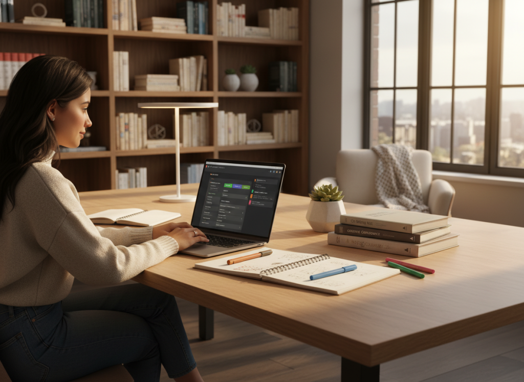 A modern workspace featuring creative writing software for content creators, with an intuitive interface displayed on a sleek laptop. In the foreground, a focused content creator, a woman in professional casual attire, is typing, surrounded by notepads and colorful pens. The middle layer showcases a well-organized desk filled with inspirational books and a small potted plant, enhancing creativity. In the background, a cozy bookshelf filled with literary classics and a window letting in warm, natural light, creating an inviting atmosphere. The overall mood is productive and inspiring, embodying creativity and innovation. The scene is captured from a slightly elevated angle, emphasizing the workspace and its vibrant colors, with soft, balanced lighting that highlights the details without harsh shadows.