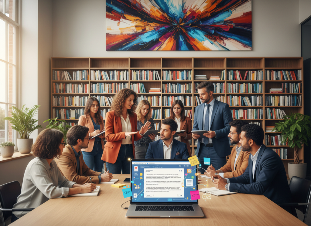 A modern workspace filled with diverse authors and publishing team members collaborating around a large table. The foreground features a laptop displaying a writing interface with colorful notes and diagrams. The middle ground showcases engaged professionals, one woman in a smart casual outfit sharing ideas with a man wearing a business suit, both focusing on the screen. In the background, there are bookshelves filled with literature and an abstract art piece on the wall that inspires creativity. Soft, diffused natural light pours in from large windows, creating a warm and inviting atmosphere. The overall mood is collaborative, innovative, and productive, highlighting teamwork and creativity in the writing process.