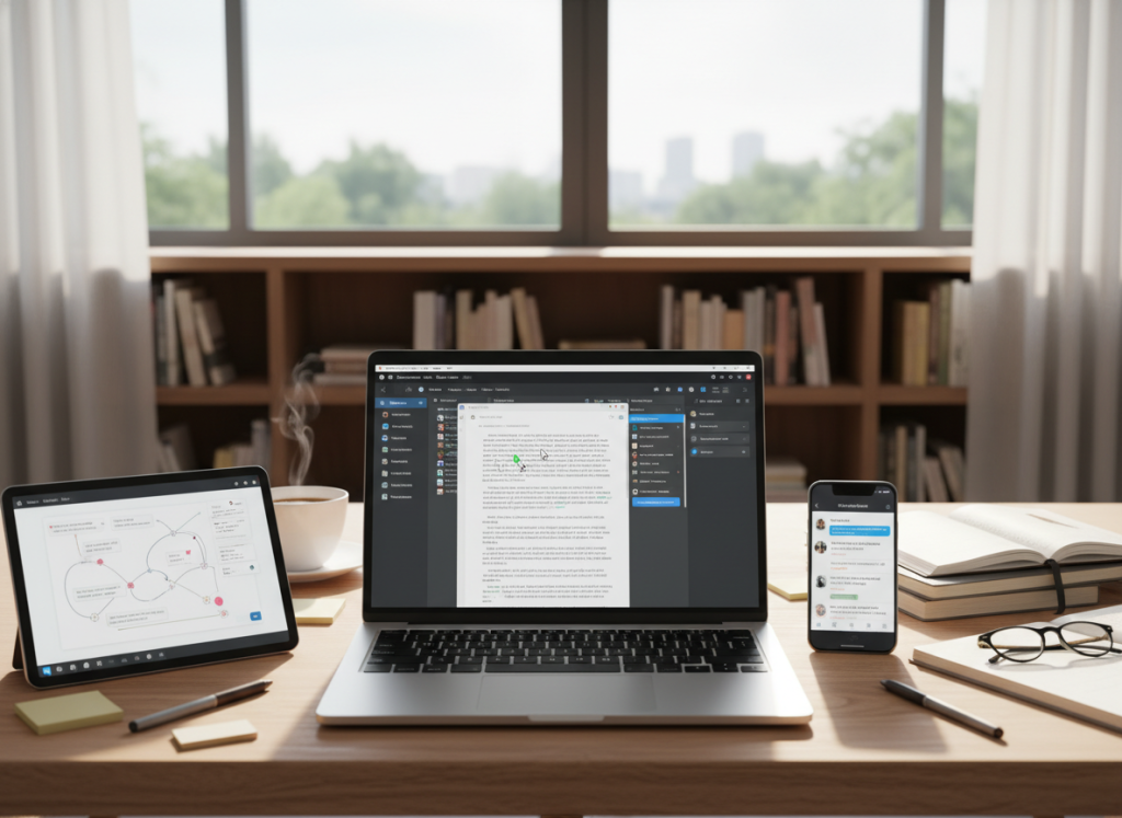 A modern workspace showcasing agent collaboration tools for manuscript sharing. In the foreground, a sleek laptop with a manuscript displayed on screen, flanked by a tablet and a smartphone, all showing collaborative software interfaces. In the middle ground, a stylish desk adorned with a coffee cup and scattered notebooks, inviting a sense of creativity and productivity. In the background, a large window allowing natural light to pour in, illuminating an organized bookshelf filled with literary works. The overall atmosphere is professional and inviting, with warm tones and soft shadows creating a sense of teamwork and innovation. Focus on clarity and detail in each device's screen, emphasizing digital collaboration in a peaceful environment.