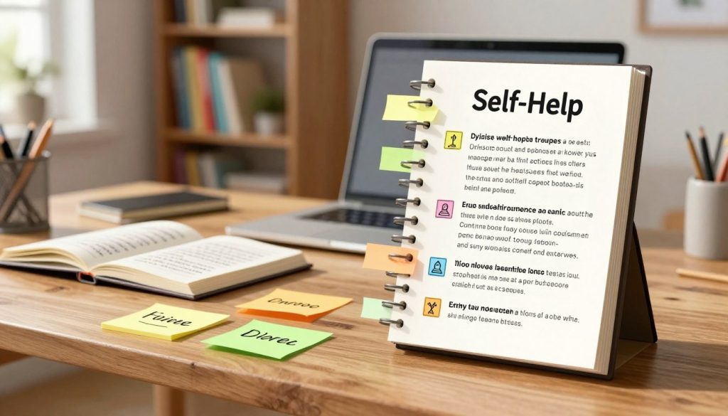 A neatly organized self-help book outline displayed prominently on a wooden desk. The foreground features colorful sticky notes labeled with specific topics, tools, and concepts, indicating a focused and structured approach to writing. In the middle ground, an open notebook with handwritten notes sits next to a laptop, symbolizing the writing process and the power of specificity. The background is softly blurred, showing a cozy home office with a bookshelf filled with various self-help books, creating a warm and inviting atmosphere. Natural light filters in through a window, casting gentle shadows and enhancing the motivational mood. The overall composition conveys clarity and purpose, embodying the theme of narrowing down topics in self-help literature.