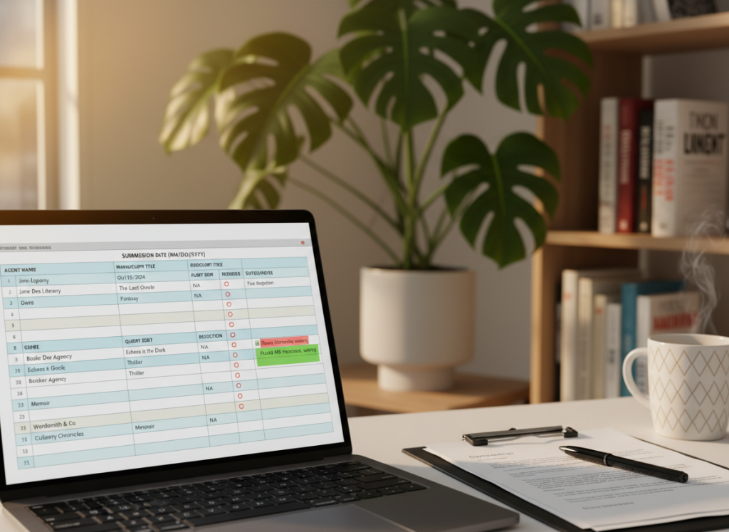 A neatly organized submission tracking spreadsheet for agent queries, displayed on a modern office desk. In the foreground, a laptop screen shows a detailed spreadsheet with columns for agent names, submission dates, and response statuses, filled with colorful highlights for quick reference. The middle layer features a stylish clipboard and a pen, hinting at ongoing work. In the background, a softly lit office space includes a potted plant and a bookshelf filled with books, creating a calm and productive atmosphere. The lighting is warm and inviting, with a slight focus on the screen to highlight the spreadsheet. The mood is focused and professional, ideal for illustrating an organized submission process in the context of book agent queries.