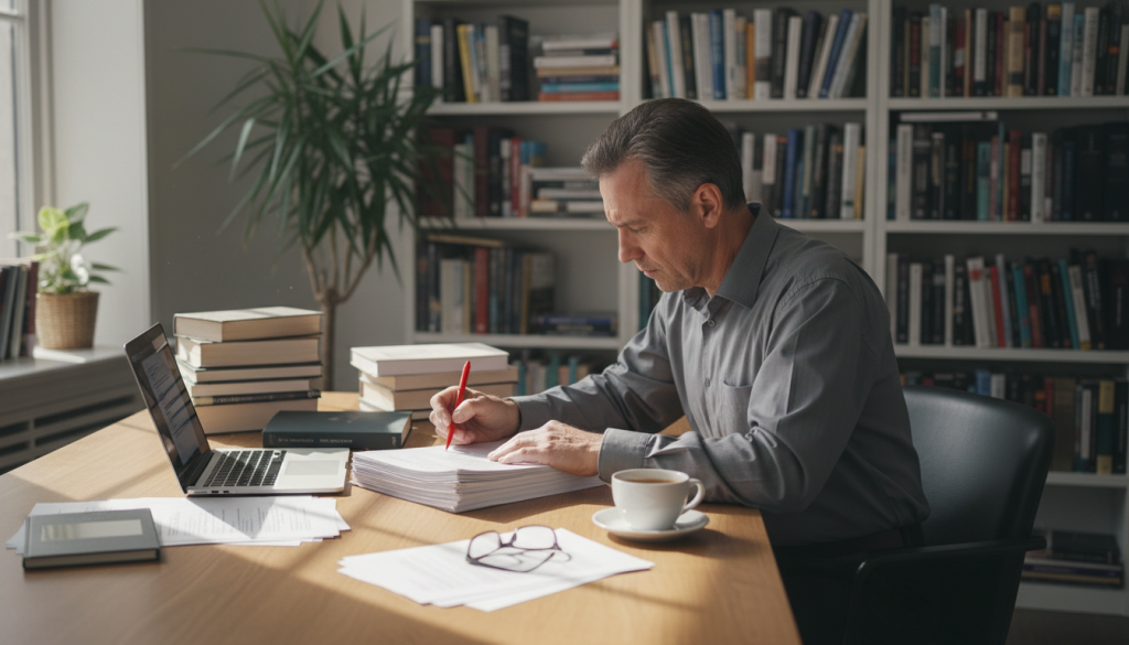 A professional editor sitting at a clean wooden desk, surrounded by stacks of non-fiction books, papers, and a laptop. The editor, a middle-aged individual in smart casual attire, focuses intently while using a red pen to mark a manuscript in front of them. Soft, natural light streams in from a nearby window, casting gentle shadows on the desk, creating an inviting yet serious atmosphere. In the background, bookshelves filled with various titles hint at a wealth of knowledge. A large plant adds a touch of greenery, while a coffee cup sits nearby, emphasizing the thoughtful, creative process of revising and editing. The composition captures the essence of diligence and precision in the editing phase of writing a non-fiction book.