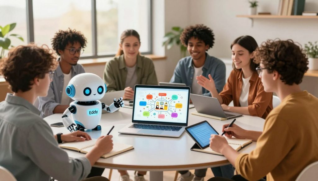 A professional-looking AI writing companion named Eddy, depicted as a sleek, futuristic robot with expressive digital eyes, is positioned in the foreground, engaged in an animated discussion with a diverse group of aspiring authors. The authors, dressed in smart, casual attire, are seated at a contemporary round table, passionately brainstorming novel ideas on digital tablets and notebooks. In the middle ground, a soft glow emanates from an open laptop illustrating a colorful mind map of storytelling elements, signifying the catalyst moment. The background features a modern, inviting workspace with large windows letting in warm, natural light, enhancing the focus on collaboration and creativity. The overall mood is inspiring and innovative, capturing the essence of brainstorming and storytelling evolution. The camera angle is slightly elevated, offering a clear view of the interaction and lively atmosphere.