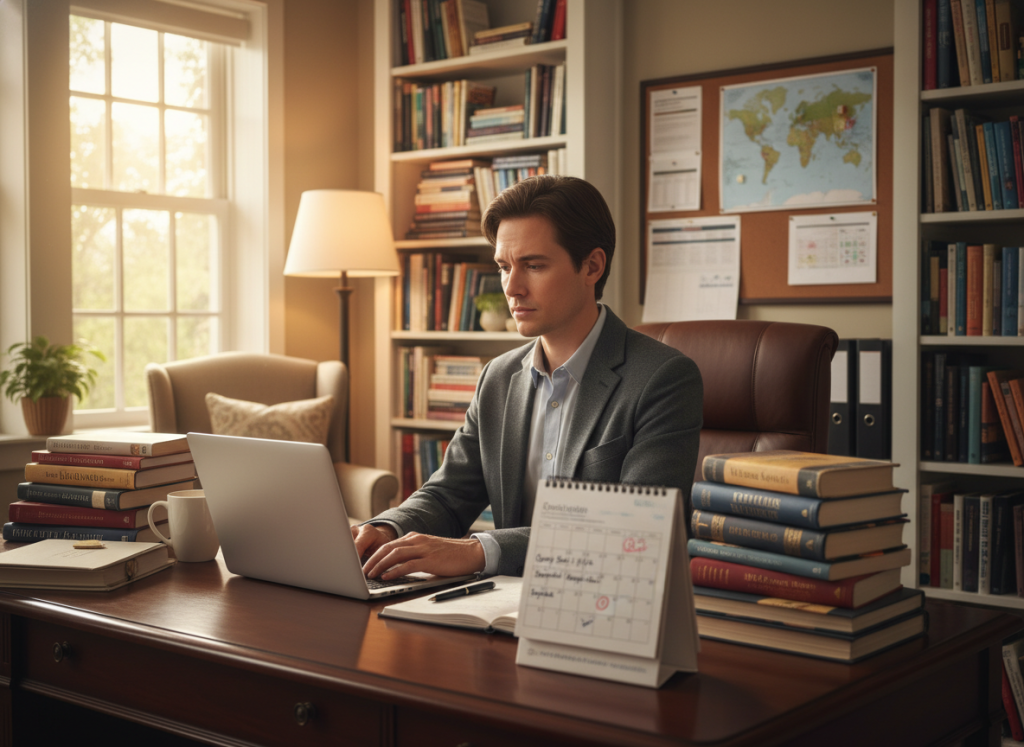 A professional setting depicting a focused individual sitting at a desk, reviewing emails on a laptop while surrounded by stacks of books and literary resources. The foreground features the person in business attire, showing concentration and anticipation as they check for agent responses. The middle ground includes a calendar marked with expected timelines and notes, symbolizing the waiting period for replies. The background reveals a cozy, well-lit office with bookshelves filled with literary works, softly illuminated by natural light filtering through a window, creating an inviting atmosphere. The image conveys a sense of patience and professionalism, ideal for illustrating the concept of agent response time expectations in the publishing world.