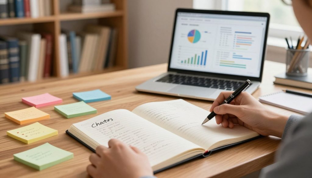 A professional workspace featuring an elegant wooden desk with an open notebook showcasing a detailed chapter outline. In the foreground, focus on a pair of hands, one holding a pen poised above the page, as if about to write. In the middle ground, a laptop is open with visible graphs and organizational charts, symbolizing planning and structure. Scatter a few colorful sticky notes around, each with brief bullet points representing key ideas. The background features a well-organized bookshelf filled with books on writing and creativity, softly blurred to draw attention to the outline process. Warm, natural light filters through a window, creating a productive and inspiring atmosphere. Capture this scene from a slight angle to emphasize depth and focus on the chapter outline. The mood is one of clarity, creativity, and professionalism. A professional workspace featuring an elegant wooden desk with an open notebook showcasing a detailed chapter outline. In the foreground, focus on a pair of hands, one holding a pen poised above the page, as if about to write. In the middle ground, a laptop is open with visible graphs and organizational charts, symbolizing planning and structure. Scatter a few colorful sticky notes around, each with brief bullet points representing key ideas. The background features a well-organized bookshelf filled with books on writing and creativity, softly blurred to draw attention to the outline process. Warm, natural light filters through a window, creating a productive and inspiring atmosphere. Capture this scene from a slight angle to emphasize depth and focus on the chapter outline. The mood is one of clarity, creativity, and professionalism.