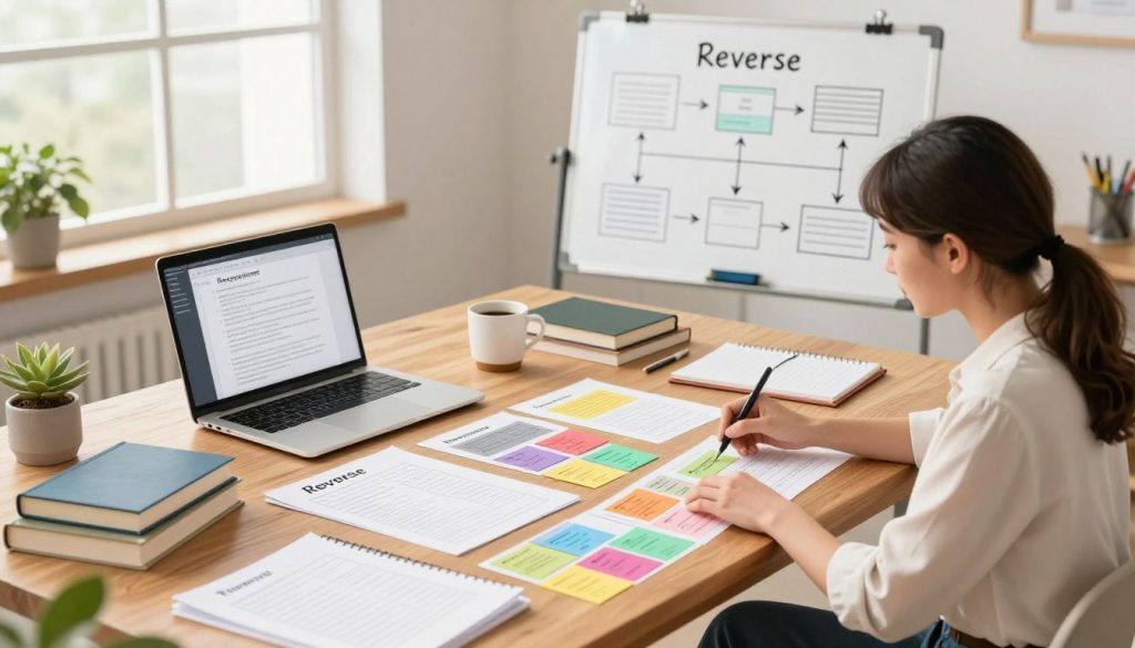 A professional workspace scene depicting a writer engaged in reverse outlining, with a focus on a cluttered desk. In the foreground, a woman in smart casual attire, meticulously rearranging color-coded index cards and notes on a large wooden table, surrounded by textbooks and a laptop displaying a document. In the middle, a whiteboard filled with arrows and outlines illustrating the flow of ideas, while a cup of coffee and a plant add warmth to the setting. The background features large windows letting in soft natural light, creating a cozy yet focused atmosphere. The angle is slightly overhead, capturing the writer's concentration and the systematic organization process. The image conveys a sense of clarity and productivity, essential for improving outline and manuscript flow. A professional workspace scene depicting a writer engaged in reverse outlining, with a focus on a cluttered desk. In the foreground, a woman in smart casual attire, meticulously rearranging color-coded index cards and notes on a large wooden table, surrounded by textbooks and a laptop displaying a document. In the middle, a whiteboard filled with arrows and outlines illustrating the flow of ideas, while a cup of coffee and a plant add warmth to the setting. The background features large windows letting in soft natural light, creating a cozy yet focused atmosphere. The angle is slightly overhead, capturing the writer's concentration and the systematic organization process. The image conveys a sense of clarity and productivity, essential for improving outline and manuscript flow.