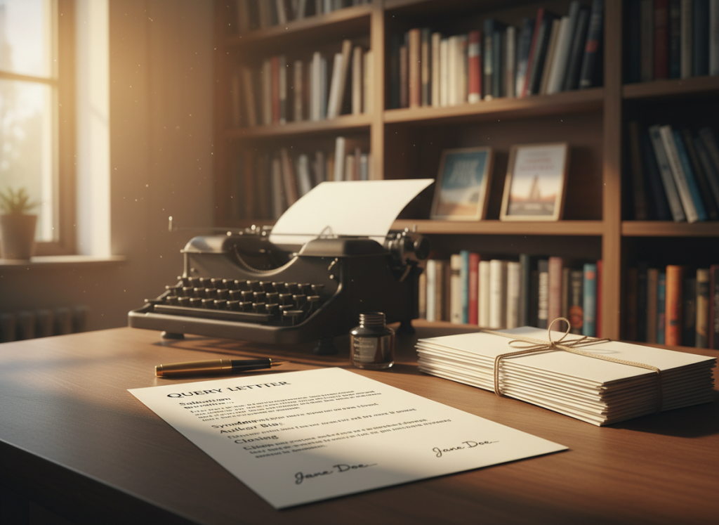 A professional workspace setting featuring a neatly organized table with a visible stack of query letters, each in a clean and structured format. In the foreground, focus on a well-composed query letter laid out with clear headings, formatted neatly to showcase essential elements such as the salutation, body, and closing. The middle ground includes a vintage typewriter and a pen, symbolizing the writing process. In the background, softly blurred office shelves filled with books, imparting a literary atmosphere. Natural light streams through a window, illuminating the scene with a warm, inviting glow. The mood is focused and inspirational, emphasizing the importance of well-crafted query letters in a professional writing career. A professional workspace setting featuring a neatly organized table with a visible stack of query letters, each in a clean and structured format. In the foreground, focus on a well-composed query letter laid out with clear headings, formatted neatly to showcase essential elements such as the salutation, body, and closing. The middle ground includes a vintage typewriter and a pen, symbolizing the writing process. In the background, softly blurred office shelves filled with books, imparting a literary atmosphere. Natural light streams through a window, illuminating the scene with a warm, inviting glow. The mood is focused and inspirational, emphasizing the importance of well-crafted query letters in a professional writing career.