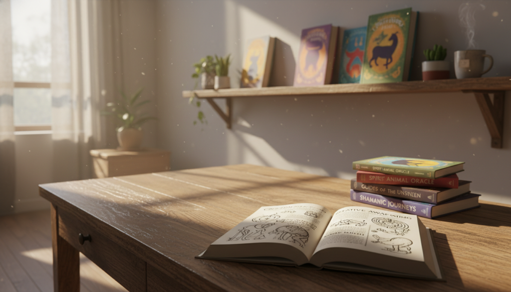 A serene and inviting workspace featuring a diverse selection of spirit guide books stacked on a rustic wooden desk. The foreground highlights an open book with elegant illustrations and annotations on a page about creative inspiration. In the middle, a soft-focus shelf displays various titles with vibrant covers, surrounded by a few potted plants and a steaming cup of tea. The background captures a warm, sunlit window, casting gentle light into the room, enhancing a calm and reflective atmosphere. Use a wide-angle lens to create depth, focusing on natural wooden textures and atmospheric shadows. The overall mood should evoke curiosity and peaceful contemplation, ideal for writers seeking guidance on their creative journey. A serene and inviting workspace featuring a diverse selection of spirit guide books stacked on a rustic wooden desk. The foreground highlights an open book with elegant illustrations and annotations on a page about creative inspiration. In the middle, a soft-focus shelf displays various titles with vibrant covers, surrounded by a few potted plants and a steaming cup of tea. The background captures a warm, sunlit window, casting gentle light into the room, enhancing a calm and reflective atmosphere. Use a wide-angle lens to create depth, focusing on natural wooden textures and atmospheric shadows. The overall mood should evoke curiosity and peaceful contemplation, ideal for writers seeking guidance on their creative journey.