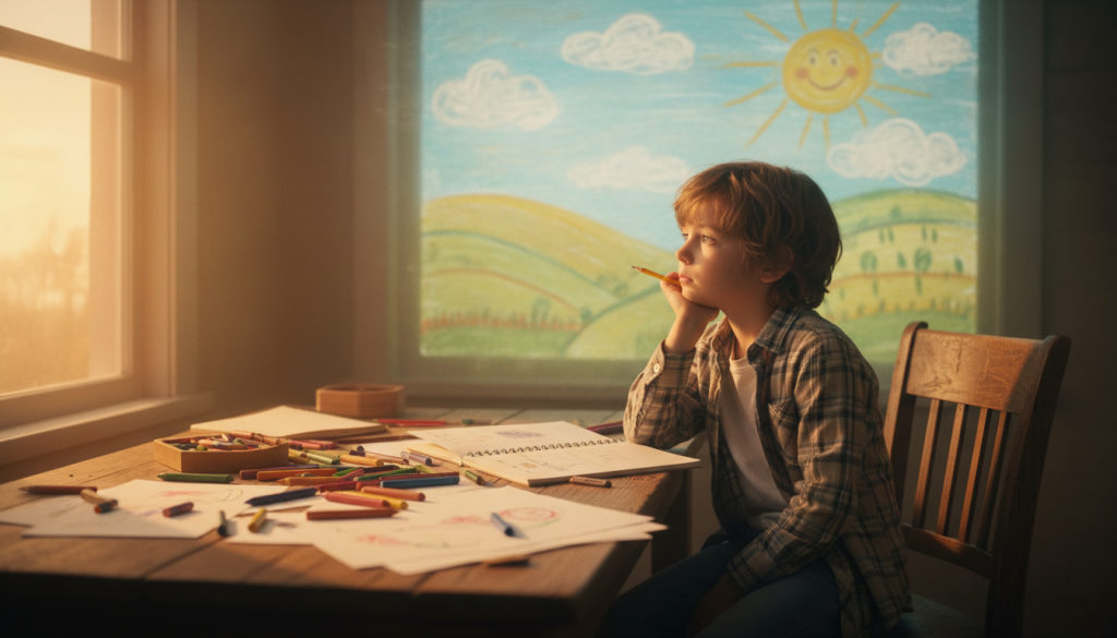 A serene and nostalgic scene capturing the essence of childhood writing inspiration. In the foreground, a wooden desk scattered with colorful crayons, notebooks, and half-finished stories, illuminated by soft, warm sunlight streaming through a nearby window. In the middle, a cheerful child, around eight years old, dressed in modest casual clothing, sits in deep thought, with a pencil poised above a notebook, their expression reflecting creativity and wonder. In the background, a whimsical landscape painted in soft pastels, reminiscent of a child’s drawing—rolling hills, a bright blue sky, and a gentle sun, all bathed in a dreamy glow. The mood is filled with warmth and reflection, inviting viewers to embrace the power of childhood memories in their writing.