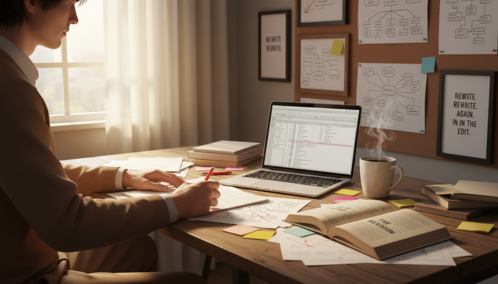 A serene and organized workspace featuring a writer deeply engaged in the revision process of a novel. In the foreground, a focused individual, dressed in a smart-casual outfit, is seated at a wooden desk cluttered with handwritten notes, drafts, and colorful sticky notes. The middle ground includes an open laptop displaying editing software, a steaming cup of coffee, and a well-worn novel on revision techniques. In the background, a wall adorned with brainstorming charts and inspirational quotes adds depth to the scene. Warm, natural light filters through a nearby window, casting a soft glow that enhances the cozy, contemplative atmosphere of creativity and productivity, embodying the importance of revision in writing. A serene and organized workspace featuring a writer deeply engaged in the revision process of a novel. In the foreground, a focused individual, dressed in a smart-casual outfit, is seated at a wooden desk cluttered with handwritten notes, drafts, and colorful sticky notes. The middle ground includes an open laptop displaying editing software, a steaming cup of coffee, and a well-worn novel on revision techniques. In the background, a wall adorned with brainstorming charts and inspirational quotes adds depth to the scene. Warm, natural light filters through a nearby window, casting a soft glow that enhances the cozy, contemplative atmosphere of creativity and productivity, embodying the importance of revision in writing.