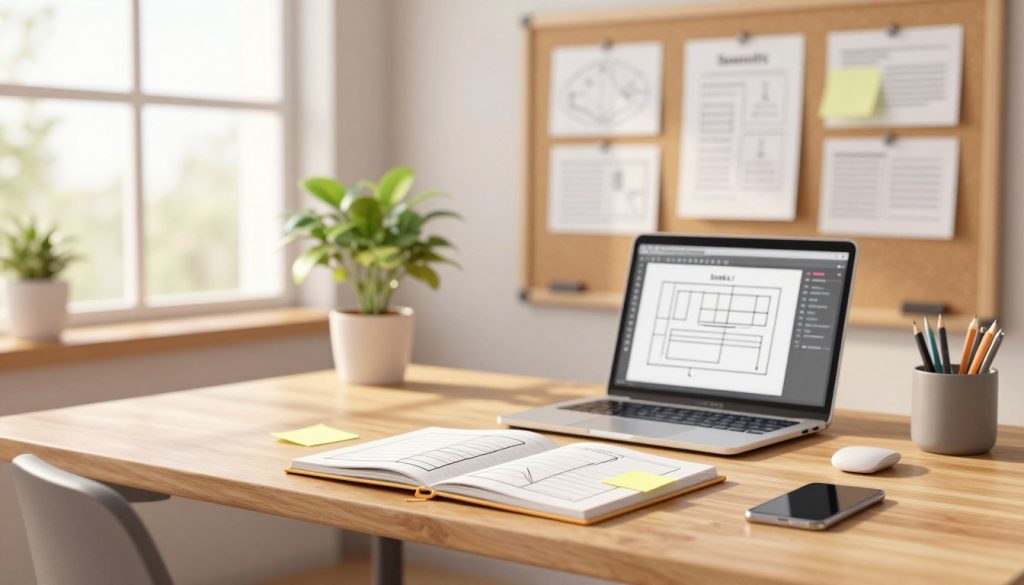 A serene and organized workspace scene depicting the concept of outlining and drafting smarter. In the foreground, a sleek wooden desk is clutter-free, featuring an open notebook filled with neat outlines, colorful sticky notes, and a laptop displaying a drafting interface. In the middle ground, gentle sunlight streams through a large window, casting warm light that highlights a potted plant, adding a touch of nature. The background features a large corkboard with pinned outlines and ideas, creating an inspiring atmosphere. The mood is calm and focused, encouraging productivity and creativity. The image is captured from a slight angle to offer depth, with a soft-focus bokeh effect on the background, ensuring the message of time-saving and smarter drafting is visually conveyed. No humans are present, maintaining a clean and professional aesthetic.