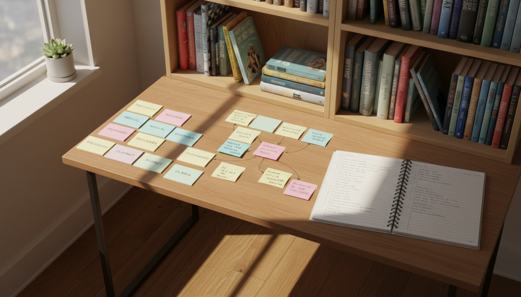 A serene and organized workspace showcasing various chapter planning techniques for narrative organization. In the foreground, a wooden desk is adorned with colorful index cards labeled with chapter titles, sticky notes mapped out in a thoughtful pattern, and an open notebook filled with handwritten outlines. In the middle background, shelves lined with writing books and guides create a learning atmosphere. Soft, natural light streams in through a window, casting gentle shadows that evoke a sense of calm and focus. A potted plant adds a touch of greenery. The overall mood is inspiring and motivating, encouraging creativity and efficient writing. The camera angle is slightly overhead, providing a clear view of the planning materials while maintaining a cozy and inviting ambiance.