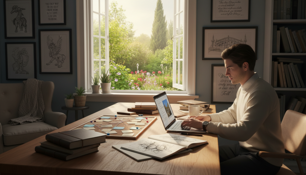 A serene, cozy writing workspace filled with inspiration. In the foreground, a focused writer in professional casual attire, surrounded by notebooks, storyboards, and colorful sticky notes, actively typing on a laptop. In the middle, an open window with natural daylight streaming in, illuminating the scene and creating soft shadows on a wooden desk. On the walls, artistic sketches and literary quotes, enhancing the creative atmosphere. In the background, a lush green garden visible outside, symbolizing growth and forward momentum. The mood is one of concentration and creativity, capturing the essence of crafting a story without overwhelming the writer with clutter. The scene is framed with a slight depth of field, emphasizing the writer while softly blurring the background elements. A serene, cozy writing workspace filled with inspiration. In the foreground, a focused writer in professional casual attire, surrounded by notebooks, storyboards, and colorful sticky notes, actively typing on a laptop. In the middle, an open window with natural daylight streaming in, illuminating the scene and creating soft shadows on a wooden desk. On the walls, artistic sketches and literary quotes, enhancing the creative atmosphere. In the background, a lush green garden visible outside, symbolizing growth and forward momentum. The mood is one of concentration and creativity, capturing the essence of crafting a story without overwhelming the writer with clutter. The scene is framed with a slight depth of field, emphasizing the writer while softly blurring the background elements.
