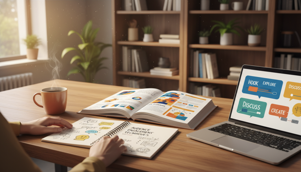 A serene, inviting workspace centered on a wooden desk filled with a neatly organized reading guide, illustrated with colorful chapter summaries and visual aids. In the foreground, a pair of hands rests on an open notebook with sketches and notes about audience engagement techniques. The middle ground includes a laptop showing a vibrant presentation outline and a steaming cup of coffee, exuding warmth. In the background, shelves filled with various books create an atmosphere of knowledge and inspiration, softly lit by natural sunlight filtering through a window. The mood is focused yet encouraging, symbolizing the process of crafting an engaging reading guide. The image is captured using a warm color palette, with soft focus lending a professional and inviting feel. A serene, inviting workspace centered on a wooden desk filled with a neatly organized reading guide, illustrated with colorful chapter summaries and visual aids. In the foreground, a pair of hands rests on an open notebook with sketches and notes about audience engagement techniques. The middle ground includes a laptop showing a vibrant presentation outline and a steaming cup of coffee, exuding warmth. In the background, shelves filled with various books create an atmosphere of knowledge and inspiration, softly lit by natural sunlight filtering through a window. The mood is focused yet encouraging, symbolizing the process of crafting an engaging reading guide. The image is captured using a warm color palette, with soft focus lending a professional and inviting feel.
