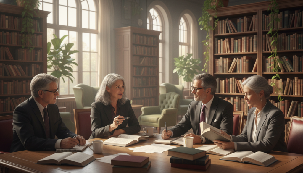 A serene library setting filled with warm, natural light streaming through tall windows, illuminating wooden bookshelves lined with classic literature. In the foreground, a diverse group of experienced writers, both men and women dressed in professional business attire, are engaged in a collaborative discussion, with notebooks and pens in hand. The middle ground features a large wooden table covered with open books and scattered papers, reflecting their brainstorming process. In the background, cozy reading nooks create an inviting atmosphere, adorned with green plants and soft armchairs. The overall mood is one of creativity, inspiration, and focused conversation, as they share real insights about the writing process. The image should be captured with a shallow depth of field to gently blur the background, drawing attention to the writers and their engagement. A serene library setting filled with warm, natural light streaming through tall windows, illuminating wooden bookshelves lined with classic literature. In the foreground, a diverse group of experienced writers, both men and women dressed in professional business attire, are engaged in a collaborative discussion, with notebooks and pens in hand. The middle ground features a large wooden table covered with open books and scattered papers, reflecting their brainstorming process. In the background, cozy reading nooks create an inviting atmosphere, adorned with green plants and soft armchairs. The overall mood is one of creativity, inspiration, and focused conversation, as they share real insights about the writing process. The image should be captured with a shallow depth of field to gently blur the background, drawing attention to the writers and their engagement.