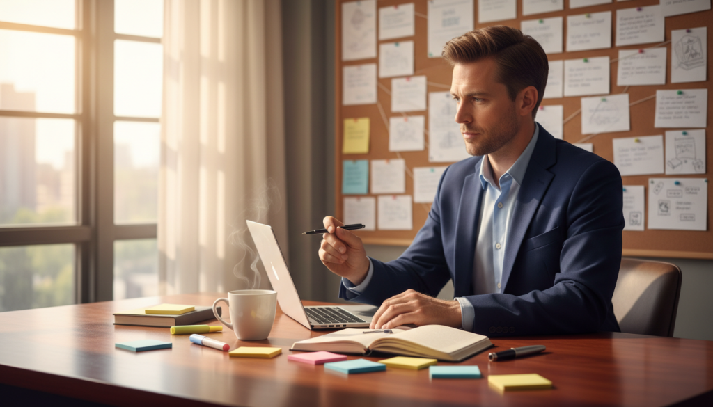 A serene office space filled with warm, natural light streaming through a large window. In the foreground, an open notebook lies on a polished wooden desk, accompanied by a fountain pen and a cup of steaming coffee. Scattered around the notebook are colorful sticky notes and an assortment of highlighters. The middle ground features a thoughtful writer, a Caucasian male in a professional business attire, deeply engaged in organizing ideas. Behind him, a corkboard filled with index cards and sketches outlining a book structure provides visual context. The atmosphere is calm and focused, symbolizing creativity and organization. The lens captures the scene in soft focus, creating a cozy and inviting mood, perfect for inspiring nonfiction writers to craft compelling outlines. A serene office space filled with warm, natural light streaming through a large window. In the foreground, an open notebook lies on a polished wooden desk, accompanied by a fountain pen and a cup of steaming coffee. Scattered around the notebook are colorful sticky notes and an assortment of highlighters. The middle ground features a thoughtful writer, a Caucasian male in a professional business attire, deeply engaged in organizing ideas. Behind him, a corkboard filled with index cards and sketches outlining a book structure provides visual context. The atmosphere is calm and focused, symbolizing creativity and organization. The lens captures the scene in soft focus, creating a cozy and inviting mood, perfect for inspiring nonfiction writers to craft compelling outlines.