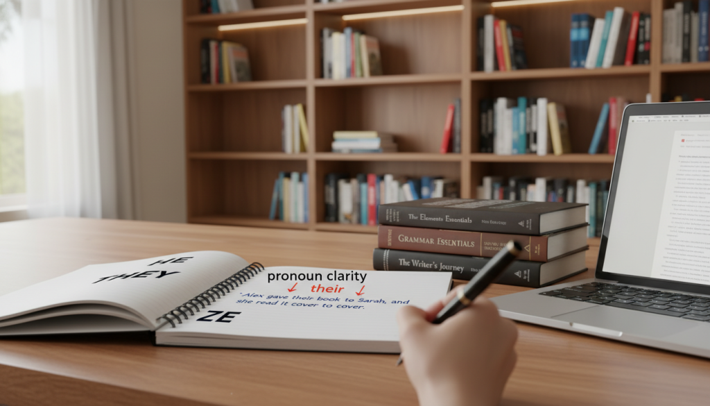 A serene office workspace centered on a sleek wooden desk with an open notebook, showcasing neat handwriting emphasizing pronouns. In the foreground, a hand with a pen highlights a sentence, illustrating the concept of “pronoun clarity” with arrows pointing to relevant words. In the middle ground, a stack of books about writing and grammar lies alongside a laptop displaying a blurred document. The background reveals a softly lit bookshelf filled with colorful literature, creating a cozy and inviting atmosphere. The composition captures a calm and focused mood, ideal for a writer's environment. Soft, natural lighting filters in through a window, adding warmth to the scene, while the angle is a slightly elevated view, giving a comprehensive perspective of the arrangement. The setting avoids any clutter, emphasizing clarity and organization.