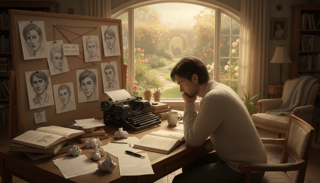 A serene, warmly lit writing studio with a wooden desk cluttered with open notebooks and a vintage typewriter. In the foreground, a focused writer, dressed in smart casual attire, leans over their notes, deep in thought. The writer has a thoughtful expression, with crumpled paper scattered around symbolizing the creative process of character development. In the middle ground, a corkboard displays character sketches and notes attached with colorful pins, illustrating various character arcs and personalities. In the background, a large window lets in soft, golden light, revealing a tranquil garden scene that reflects the emotional journey of characters. The atmosphere is one of creativity and inspiration, perfect for developing compelling characters in a novel. A serene, warmly lit writing studio with a wooden desk cluttered with open notebooks and a vintage typewriter. In the foreground, a focused writer, dressed in smart casual attire, leans over their notes, deep in thought. The writer has a thoughtful expression, with crumpled paper scattered around symbolizing the creative process of character development. In the middle ground, a corkboard displays character sketches and notes attached with colorful pins, illustrating various character arcs and personalities. In the background, a large window lets in soft, golden light, revealing a tranquil garden scene that reflects the emotional journey of characters. The atmosphere is one of creativity and inspiration, perfect for developing compelling characters in a novel.
