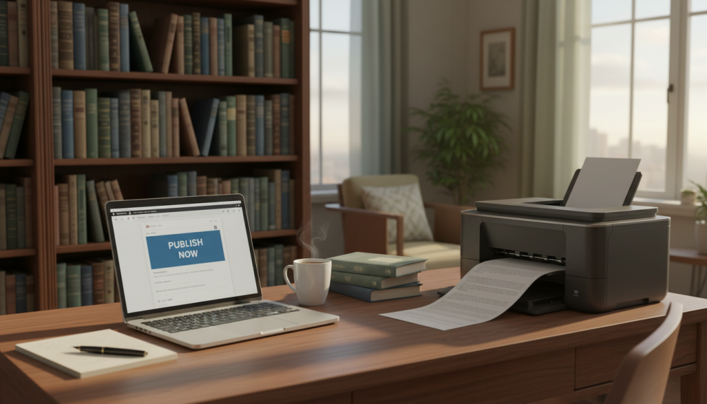 A serene workspace depicts the contrasting worlds of traditional and self-publishing. In the foreground, an inviting wooden desk holds an open laptop with a bright screen displaying a publishing platform, alongside a stack of printed books and a cup of coffee. Midground features a bookshelf filled with colorful, classic novels symbolizing traditional publishing. To the right, a modern printer is busy producing freshly printed pages. The background reveals a cozy home office setting with soft, natural light streaming through a large window, casting gentle shadows. The scene conveys a sense of creativity and ambition, with warm colors suggesting a welcoming atmosphere of inspiration for budding authors. The overall mood is hopeful and motivating, encouraging writers to explore their publishing options. A serene workspace depicts the contrasting worlds of traditional and self-publishing. In the foreground, an inviting wooden desk holds an open laptop with a bright screen displaying a publishing platform, alongside a stack of printed books and a cup of coffee. Midground features a bookshelf filled with colorful, classic novels symbolizing traditional publishing. To the right, a modern printer is busy producing freshly printed pages. The background reveals a cozy home office setting with soft, natural light streaming through a large window, casting gentle shadows. The scene conveys a sense of creativity and ambition, with warm colors suggesting a welcoming atmosphere of inspiration for budding authors. The overall mood is hopeful and motivating, encouraging writers to explore their publishing options.