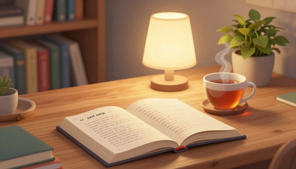 A serene workspace featuring an open self-help book on a wooden desk in the foreground, its pages filled with handwritten notes and colorful bookmarks. A warm cup of tea sits beside the book, with steam gently rising. In the middle, an illuminated soft lamp casts a cozy glow over the scene, while a potted plant adds a touch of nature. In the background, a softly blurred bookshelf filled with various self-help titles, suggesting a wealth of knowledge. The lighting is warm and inviting, emphasizing a calm and reflective mood. Capture this scene from a slightly elevated angle, focusing on the book and desk to create a personal and intimate atmosphere, perfect for storytelling in self-help writing.