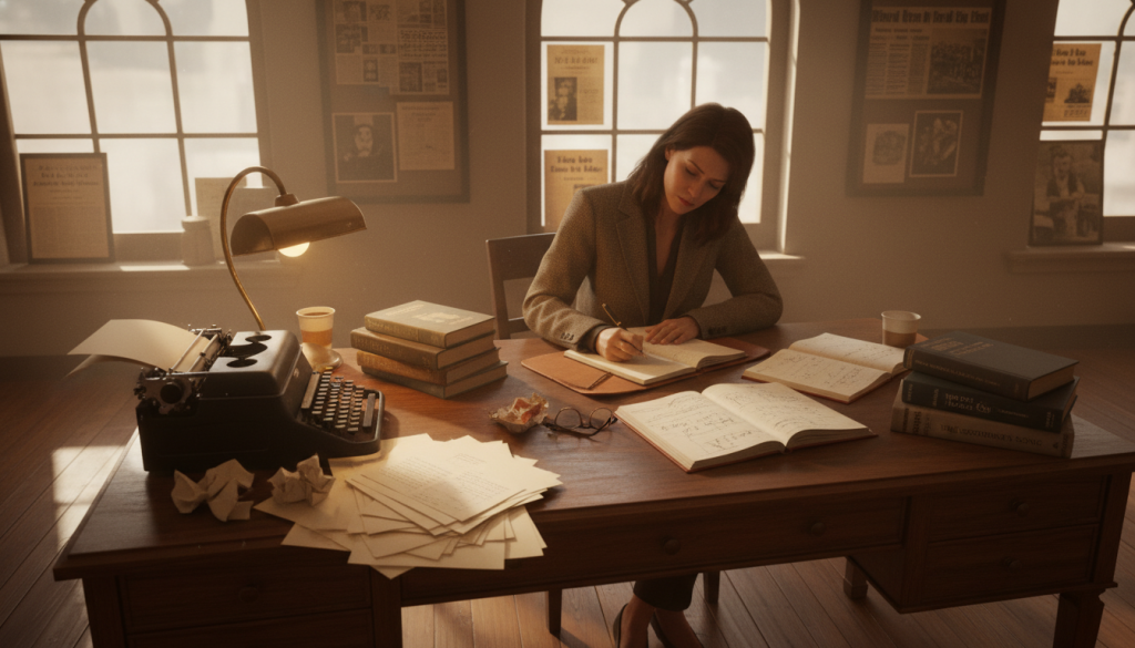 A serene workspace filled with journalistic influences, featuring a wooden desk cluttered with typewritten pages and vintage typewriters, glowing softly in warm, ambient lighting. In the foreground, a stack of classic nonfiction books by renowned authors like Joan Didion and George Orwell. The middle ground showcases a focused writer dressed in professional attire, deeply immersed in writing, surrounded by notebooks filled with ideas. In the background, large windows let in natural light, casting gentle shadows and illuminating old newspaper clippings framed on the walls. The atmosphere is reflective and inspiring, conveying the dedication and passion involved in the craft of journalistic writing. Capture this scene from a slightly elevated angle to enhance depth.