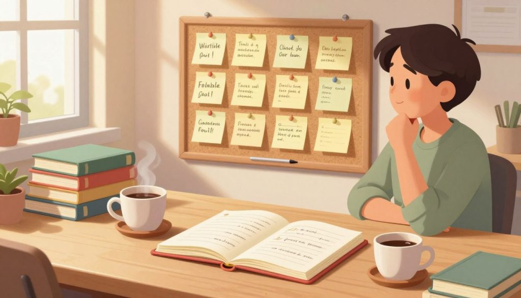 A serene workspace filled with motivational writing tools. In the foreground, a clean wooden desk displays an open notebook filled with neatly written notes and writing prompts, alongside a steaming cup of coffee. The middle ground features a focus on post-it notes pinned to a corkboard with inspirational quotes and goals, along with a cozy stack of colorful books on writing. In the background, soft natural light streams in through a window, illuminating the room with a warm, inviting glow. The atmosphere is calm and encouraging, evoking a sense of productivity and creativity. A well-dressed writer thoughtfully gazes at the notes, embodying determination and focus. The overall composition combines professionalism with a touch of warmth to inspire creativity and motivation in writing. A serene workspace filled with motivational writing tools. In the foreground, a clean wooden desk displays an open notebook filled with neatly written notes and writing prompts, alongside a steaming cup of coffee. The middle ground features a focus on post-it notes pinned to a corkboard with inspirational quotes and goals, along with a cozy stack of colorful books on writing. In the background, soft natural light streams in through a window, illuminating the room with a warm, inviting glow. The atmosphere is calm and encouraging, evoking a sense of productivity and creativity. A well-dressed writer thoughtfully gazes at the notes, embodying determination and focus. The overall composition combines professionalism with a touch of warmth to inspire creativity and motivation in writing.