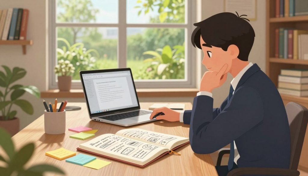 A serene workspace filled with natural light, featuring a person in professional business attire sitting at a neatly organized desk, contemplating their story outline. In the foreground, an open notebook with handwritten notes and story ideas, surrounded by colorful sticky notes and a laptop displaying a blank document. In the middle, a large window revealing a lush green garden outside, creating an inviting atmosphere. Soft, warm light filters in, casting gentle shadows on the wooden desk, enhancing the focus on the outlining process. The person’s expression reflects deep thought and creativity, embodying the essence of crafting a compelling story blurb. The background includes shelves lined with books on writing and psychology, reinforcing the theme of the image.