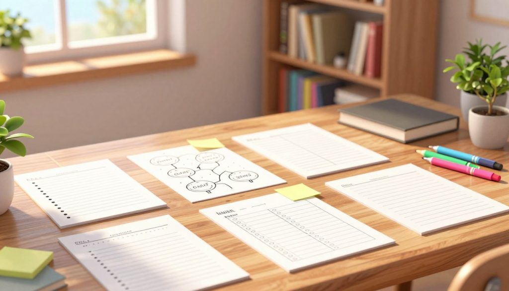 A serene workspace with a large wooden desk in the foreground, showcasing different types of outlines for writing, including bullet points, mind maps, and structured templates. Each outline is clearly visible on neatly arranged papers and sticky notes, with colored pens and highlighters nearby, lending a vibrant touch. In the middle ground, a soft-focus bookshelf filled with writing guides and novels creates an inspiring atmosphere. In the background, a window lets in warm, natural light, casting gentle shadows. A potted plant adds a touch of greenery, enhancing the creative vibe. The mood is calm and inviting, perfect for fostering imagination and productivity. The perspective is slightly elevated to capture the desk’s details while maintaining the context of the room. A serene workspace with a large wooden desk in the foreground, showcasing different types of outlines for writing, including bullet points, mind maps, and structured templates. Each outline is clearly visible on neatly arranged papers and sticky notes, with colored pens and highlighters nearby, lending a vibrant touch. In the middle ground, a soft-focus bookshelf filled with writing guides and novels creates an inspiring atmosphere. In the background, a window lets in warm, natural light, casting gentle shadows. A potted plant adds a touch of greenery, enhancing the creative vibe. The mood is calm and inviting, perfect for fostering imagination and productivity. The perspective is slightly elevated to capture the desk’s details while maintaining the context of the room.