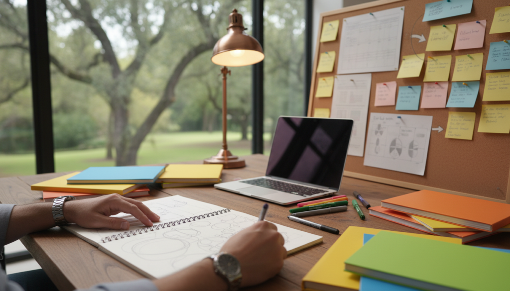 A serene workspace with a wooden desk cluttered with colorful notebooks, pens, and a laptop, symbolizing the act of writing. In the foreground, a pair of hands, wearing a professional wristwatch, gently hold an open notebook filled with flexible sketches and outlines. In the middle ground, a softly glowing lamp casts warm light over a corkboard filled with pinned notes of varying sizes, representing planning and ideas. In the background, a large window reveals a tranquil outdoor scene, with trees swaying in the breeze, echoing the concept of flexibility. The overall atmosphere is calm and inspiring, inviting creativity and organization, captured in a slightly elevated angle for depth, with natural ambient light enhancing the warm tones. A serene workspace with a wooden desk cluttered with colorful notebooks, pens, and a laptop, symbolizing the act of writing. In the foreground, a pair of hands, wearing a professional wristwatch, gently hold an open notebook filled with flexible sketches and outlines. In the middle ground, a softly glowing lamp casts warm light over a corkboard filled with pinned notes of varying sizes, representing planning and ideas. In the background, a large window reveals a tranquil outdoor scene, with trees swaying in the breeze, echoing the concept of flexibility. The overall atmosphere is calm and inspiring, inviting creativity and organization, captured in a slightly elevated angle for depth, with natural ambient light enhancing the warm tones.