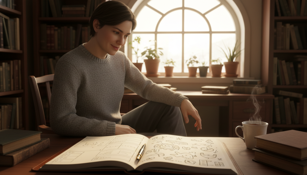 A serene writer’s desk in a cozy, well-lit study. In the foreground, a notebook is open with neatly organized outlines on one side and spontaneous sketches of ideas on the other, a fountain pen resting atop. In the middle, a professional writer in modest casual clothing, focusing intently on the notebook, with a slight smile as they reflect on their work. Soft, warm lighting highlights the wooden textures of the desk and shelves filled with books in the background, which conveys a calm yet inspiring atmosphere. The background features an inviting window, letting in gentle sunlight, suggesting a blend of structure and creativity, illustrating the balance between planning and creative flexibility in writing. A serene writer’s desk in a cozy, well-lit study. In the foreground, a notebook is open with neatly organized outlines on one side and spontaneous sketches of ideas on the other, a fountain pen resting atop. In the middle, a professional writer in modest casual clothing, focusing intently on the notebook, with a slight smile as they reflect on their work. Soft, warm lighting highlights the wooden textures of the desk and shelves filled with books in the background, which conveys a calm yet inspiring atmosphere. The background features an inviting window, letting in gentle sunlight, suggesting a blend of structure and creativity, illustrating the balance between planning and creative flexibility in writing.