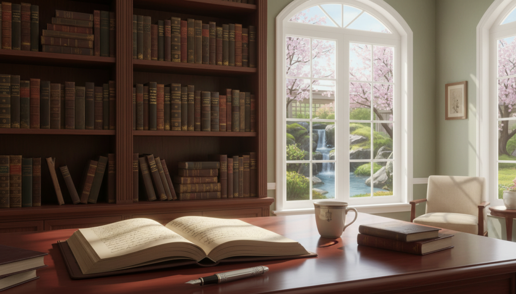 A serene writer's workspace filled with creativity and structure. In the foreground, a polished wooden desk with an open notebook filled with handwritten notes and an elegantly crafted fountain pen resting beside it. The middle ground features a bookshelf overflowing with classic nonfiction works, showcasing the titles of famous writers. To the background, through a large window, bright natural light flows in, illuminating the room with a warm, inviting glow. Outside the window, a tranquil garden can be seen, symbolizing inspiration and reflection. The mood is calm and focused, emphasizing the importance of structure in creative nonfiction writing. The scene is framed with soft, harmonious colors, inviting viewers to immerse themselves in the process of writing.