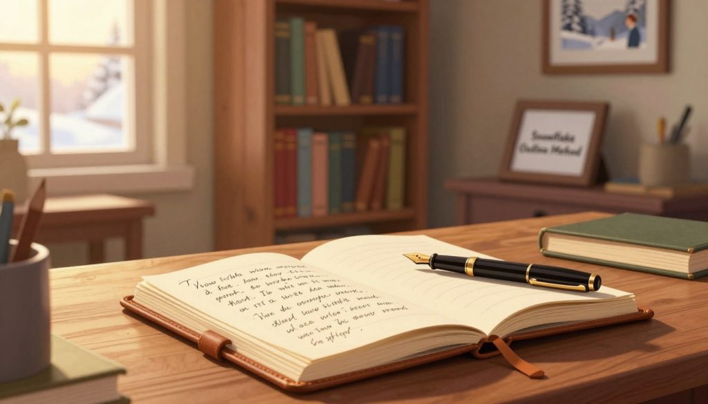 A serene writing desk in a cozy home office, bathed in warm, soft light from a nearby window during golden hour. In the foreground, a leather-bound journal and a fountain pen lay open, revealing a beautifully handwritten one-paragraph story synopsis. The middle ground features a rustic bookshelf filled with classic novels, while a framed picture of a snowy landscape hangs on the wall, subtly symbolizing the "Snowflake Outline Method." In the background, a faint silhouette of a person, dressed in professional attire, can be seen contemplating their next writing move, creating a mood of inspiration and creativity. The atmosphere is tranquil, inviting, and encourages the viewer to delve into the world of storytelling.