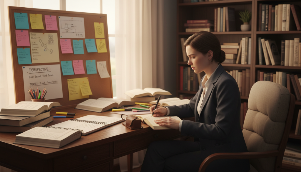 A serene writing space featuring a wooden desk strewn with notebooks, pens, and open books revealing handwritten notes on perspective and tense. In the foreground, a focused writer in professional attire sits at the desk, pen in hand, contemplating their work. The middle ground showcases soft lighting filtering through a window, illuminating a corkboard behind the desk adorned with colorful note cards depicting ideas related to storytelling. The background contains a bookshelf filled with classic novels and reference books on writing techniques, creating an inviting and inspiring atmosphere. The image should evoke a sense of creativity, focus, and determination, with warm tones enhancing the calm yet productive vibe. Utilize a shallow depth of field to keep the writer and desk in sharp focus, while softly blurring the background details.