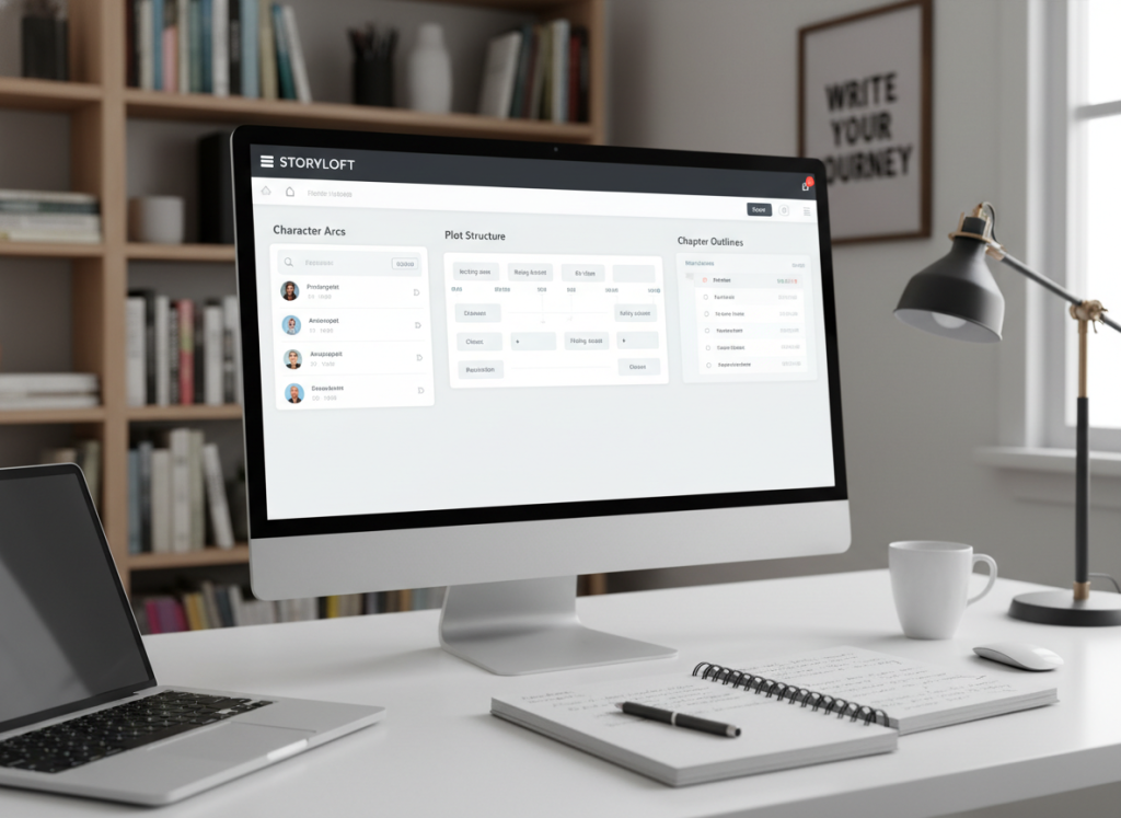 A sleek and modern novel writing app interface displayed on a large desktop screen, showcasing an intuitive outlining tool designed for first-time authors. In the foreground, a minimalist desk with a laptop, coffee cup, and a notepad filled with handwritten notes. The middle ground features a vibrant screen that illustrates a user-friendly interface, with sections for character development, plot structuring, and chapter outlines. The background softly fades into a cozy home office setting adorned with bookshelves, warm lighting from a desk lamp, and a motivational poster. The atmosphere conveys creativity and inspiration, with a focus on clarity and ease of use, reflecting the accessibility of Storyloft's tools for beginner writers. A sleek and modern novel writing app interface displayed on a large desktop screen, showcasing an intuitive outlining tool designed for first-time authors. In the foreground, a minimalist desk with a laptop, coffee cup, and a notepad filled with handwritten notes. The middle ground features a vibrant screen that illustrates a user-friendly interface, with sections for character development, plot structuring, and chapter outlines. The background softly fades into a cozy home office setting adorned with bookshelves, warm lighting from a desk lamp, and a motivational poster. The atmosphere conveys creativity and inspiration, with a focus on clarity and ease of use, reflecting the accessibility of Storyloft's tools for beginner writers.