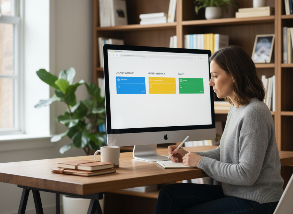 A sleek, modern book outlining software interface displayed on a high-resolution computer screen. The foreground features an organized dashboard with colorful sections for chapter outlines, notes, and drafts, showing a clean user experience. In the middle ground, a professional author in modest casual clothing studies the interface intently, a pen in hand, surrounded by neatly stacked notebooks. The background features a well-lit workspace with bookshelves filled with various writing guides, a potted plant adding a touch of warmth. Soft, natural lighting creates a calm atmosphere, enhancing focus and creativity, while a slight depth of field blurs the background, emphasizing the interface and the author's engagement.