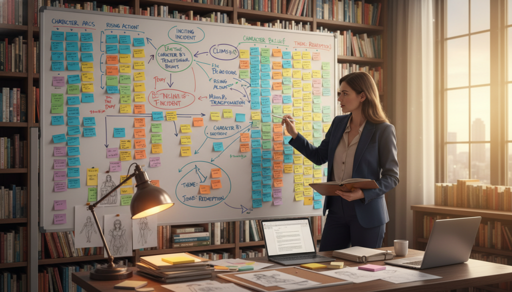 A sophisticated and colorful workspace, showcasing a detailed story outline on a large whiteboard filled with colorful sticky notes and diagrams, representing major story points and emotional beats. In the foreground, a focused writer, dressed in professional business attire, is deeply engaged in their work, taking notes and gesturing towards the board. In the middle ground, a desk cluttered with story drafts, character sketches, and a laptop, illuminated by soft, warm lighting from a desk lamp. In the background, tall bookshelves filled with novels hint at a world of storytelling, while a window lets in gentle sunlight, creating an inspiring and motivating atmosphere. The overall mood is one of creativity and concentration, inviting viewers into the intricacies of the storytelling process. A sophisticated and colorful workspace, showcasing a detailed story outline on a large whiteboard filled with colorful sticky notes and diagrams, representing major story points and emotional beats. In the foreground, a focused writer, dressed in professional business attire, is deeply engaged in their work, taking notes and gesturing towards the board. In the middle ground, a desk cluttered with story drafts, character sketches, and a laptop, illuminated by soft, warm lighting from a desk lamp. In the background, tall bookshelves filled with novels hint at a world of storytelling, while a window lets in gentle sunlight, creating an inspiring and motivating atmosphere. The overall mood is one of creativity and concentration, inviting viewers into the intricacies of the storytelling process.