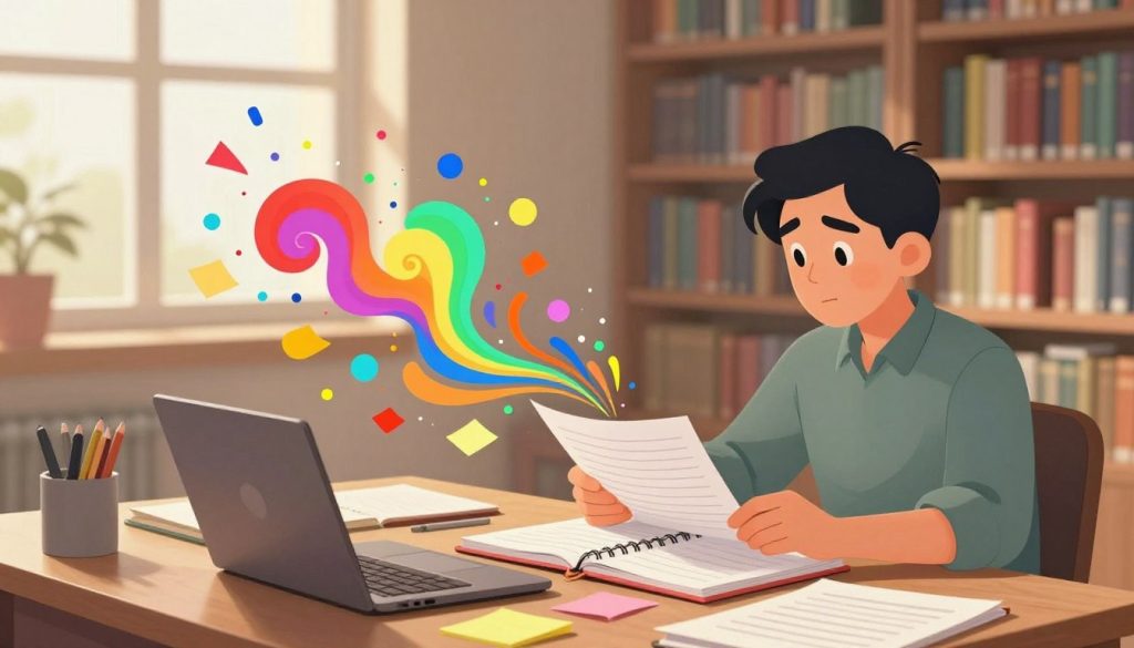 A split scene depicting the juxtaposition of planning and creative freedom in storytelling. In the foreground, a writer’s desk cluttered with notebooks, colorful sticky notes, and an open laptop, symbolizing structured planning. The writer, a professional in modest casual clothing, is intently studying their notes, with a focused expression. In the middle ground, imaginative swirls of vibrant colors and abstract shapes burst forth from the pages, representing creativity and inspiration flowing freely. In the background, a serene library with soft, warm lighting filtering through large windows, casting gentle shadows on the bookshelves. The overall mood is one of harmony between structure and imagination, evoking a sense of possibility and balance. A split scene depicting the juxtaposition of planning and creative freedom in storytelling. In the foreground, a writer’s desk cluttered with notebooks, colorful sticky notes, and an open laptop, symbolizing structured planning. The writer, a professional in modest casual clothing, is intently studying their notes, with a focused expression. In the middle ground, imaginative swirls of vibrant colors and abstract shapes burst forth from the pages, representing creativity and inspiration flowing freely. In the background, a serene library with soft, warm lighting filtering through large windows, casting gentle shadows on the bookshelves. The overall mood is one of harmony between structure and imagination, evoking a sense of possibility and balance.