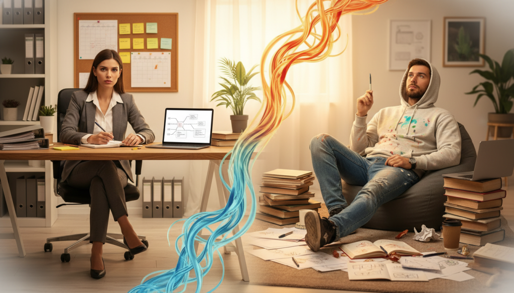 A split scene illustrating the contrasting writing styles of "Plotter" and "Pantser." In the foreground, a focused writer, dressed in professional business attire, sits at a desk cluttered with neatly organized notes, flowcharts, and a laptop displaying an outline, representing the Plotter style. In contrast, on the other side, another writer in modest casual clothing leans back, surrounded by a chaotic array of notebooks and random sketches, embodying the Pantser style. The middle ground blends elements of a serene, organized workspace and a creative, spontaneous atmosphere. The background features soft, warm lighting that creates an inviting ambiance, enhancing the mood of creativity and inspiration. Use a lens effect that slightly blurs the edges, directing focus towards the writers and their distinct environments. A split scene illustrating the contrasting writing styles of "Plotter" and "Pantser." In the foreground, a focused writer, dressed in professional business attire, sits at a desk cluttered with neatly organized notes, flowcharts, and a laptop displaying an outline, representing the Plotter style. In contrast, on the other side, another writer in modest casual clothing leans back, surrounded by a chaotic array of notebooks and random sketches, embodying the Pantser style. The middle ground blends elements of a serene, organized workspace and a creative, spontaneous atmosphere. The background features soft, warm lighting that creates an inviting ambiance, enhancing the mood of creativity and inspiration. Use a lens effect that slightly blurs the edges, directing focus towards the writers and their distinct environments.